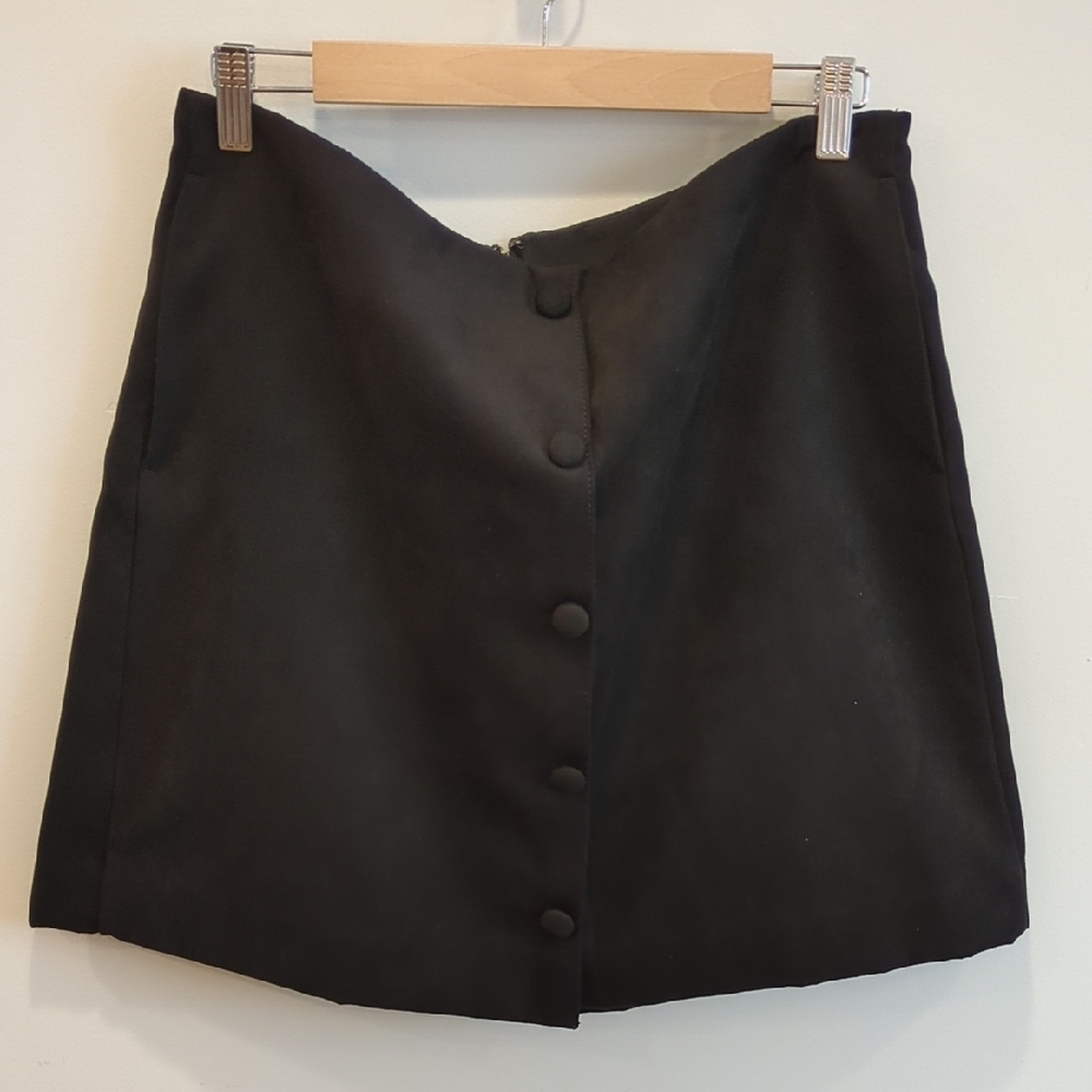 J. Crew Black Mini Skirt Suede Buttons Pockets Size 12 Classic Preppy Academia